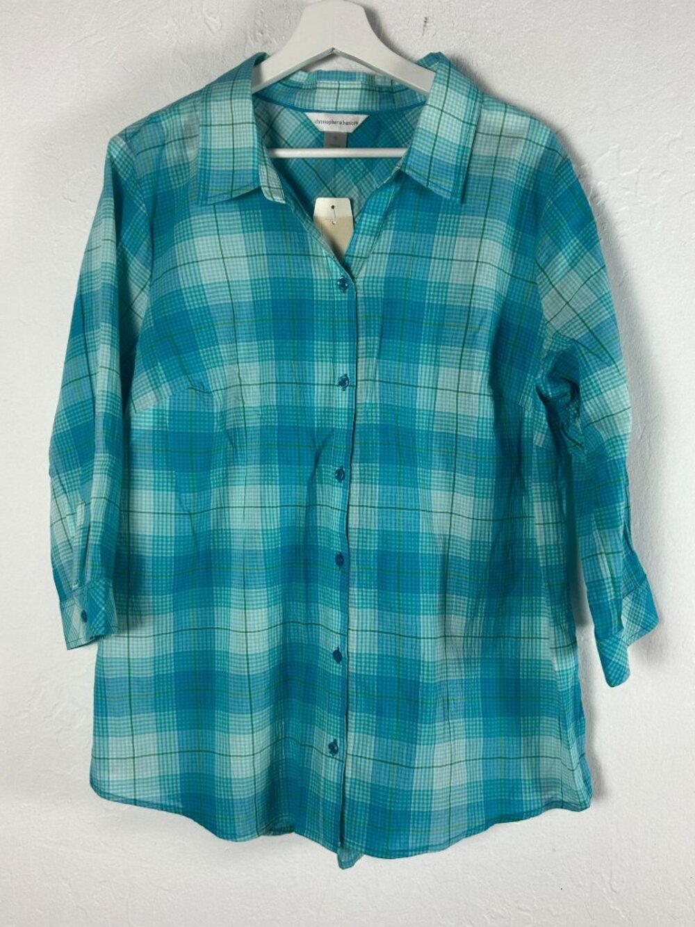 Christopher & Banks Women’s Tunic Shirt XL Plaid Cotton 3/4 Sleeve Button-Up New